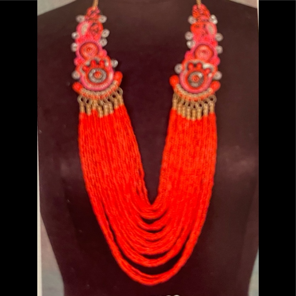 NWT.  Handmade. Seed Bead Sacred Threads Necklace GR/PK